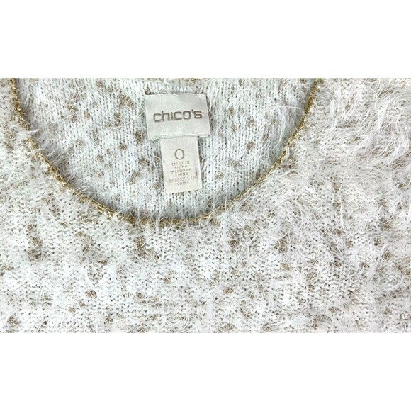 Chico's Sweater  Women's S  Scoop Neck Fuzzy 3/4-Sleeve  Ivory & Gold Metallic - Picture 4 of 6